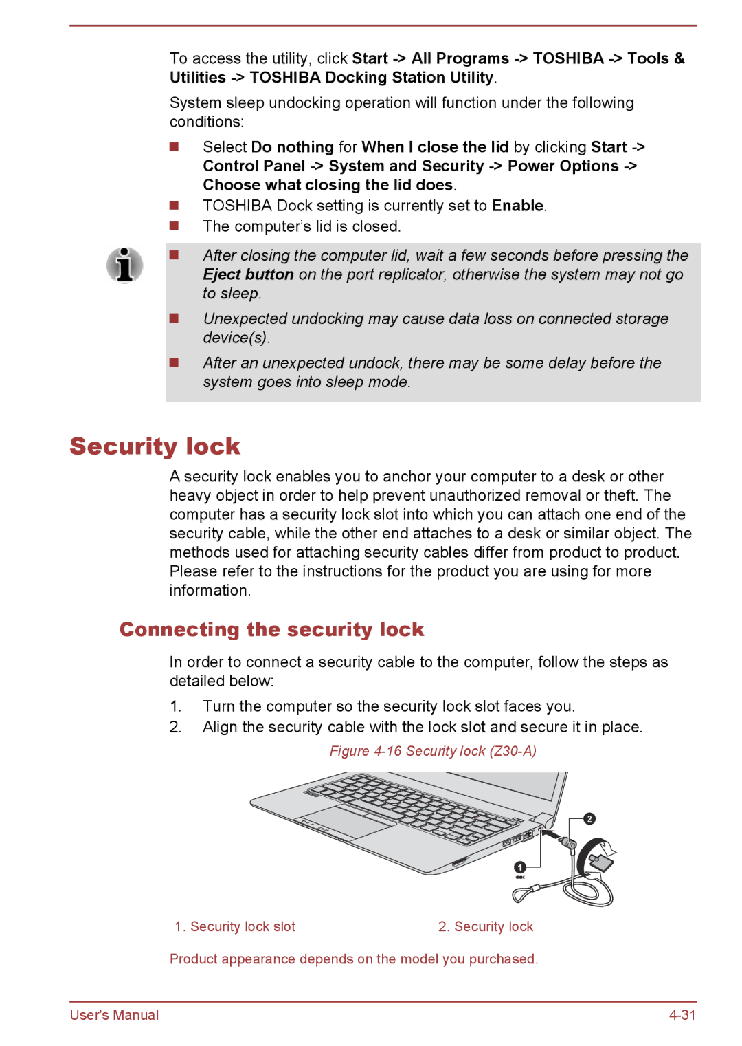 Toshiba Z40-A, Z30-A, Z50-A, Z30t-A user manual Security lock, Connecting the security lock 