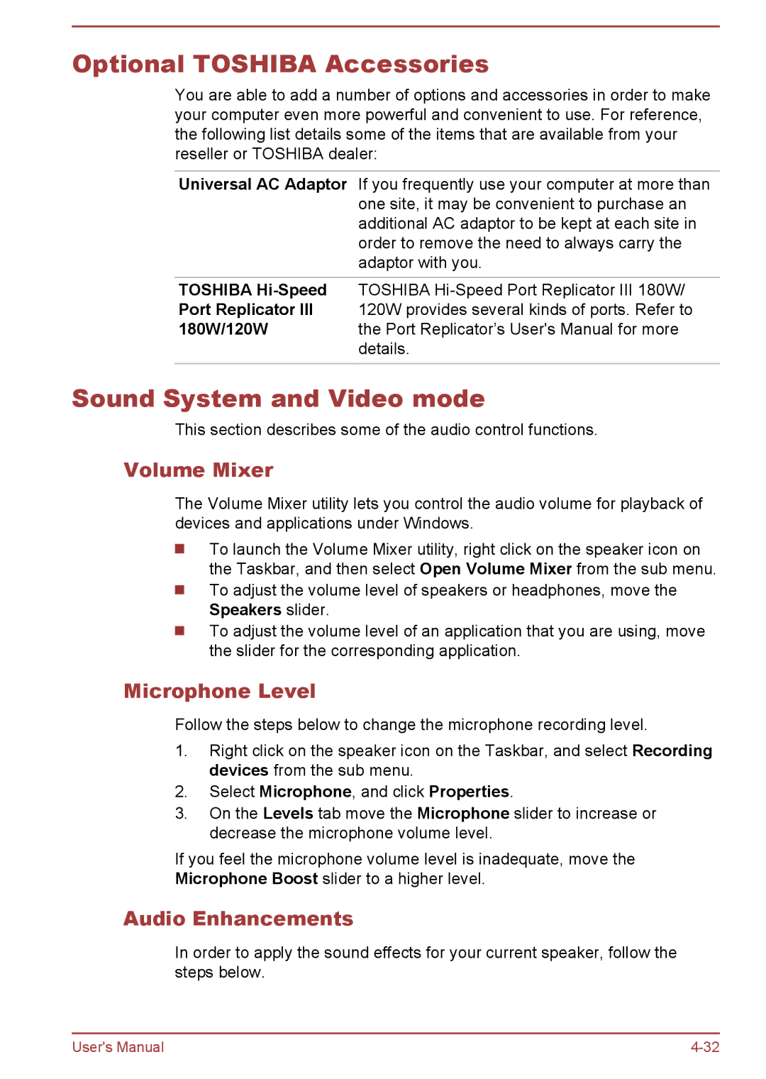 Toshiba Z50-A, Z30-A, Z40-A Optional Toshiba Accessories, Sound System and Video mode, Volume Mixer, Microphone Level 