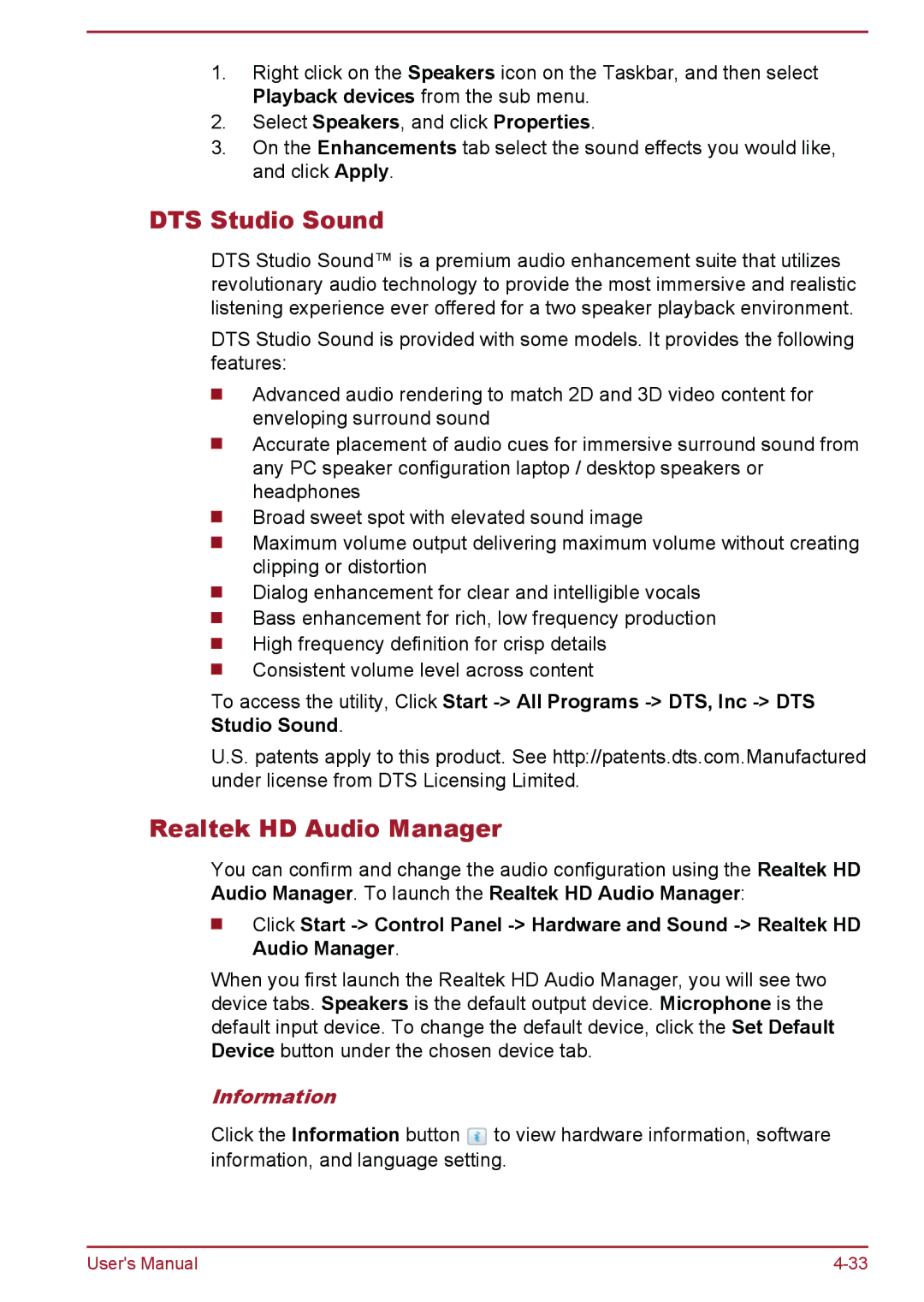 Toshiba Z30t-A, Z30-A, Z40-A, Z50-A user manual DTS Studio Sound, Realtek HD Audio Manager, Information 