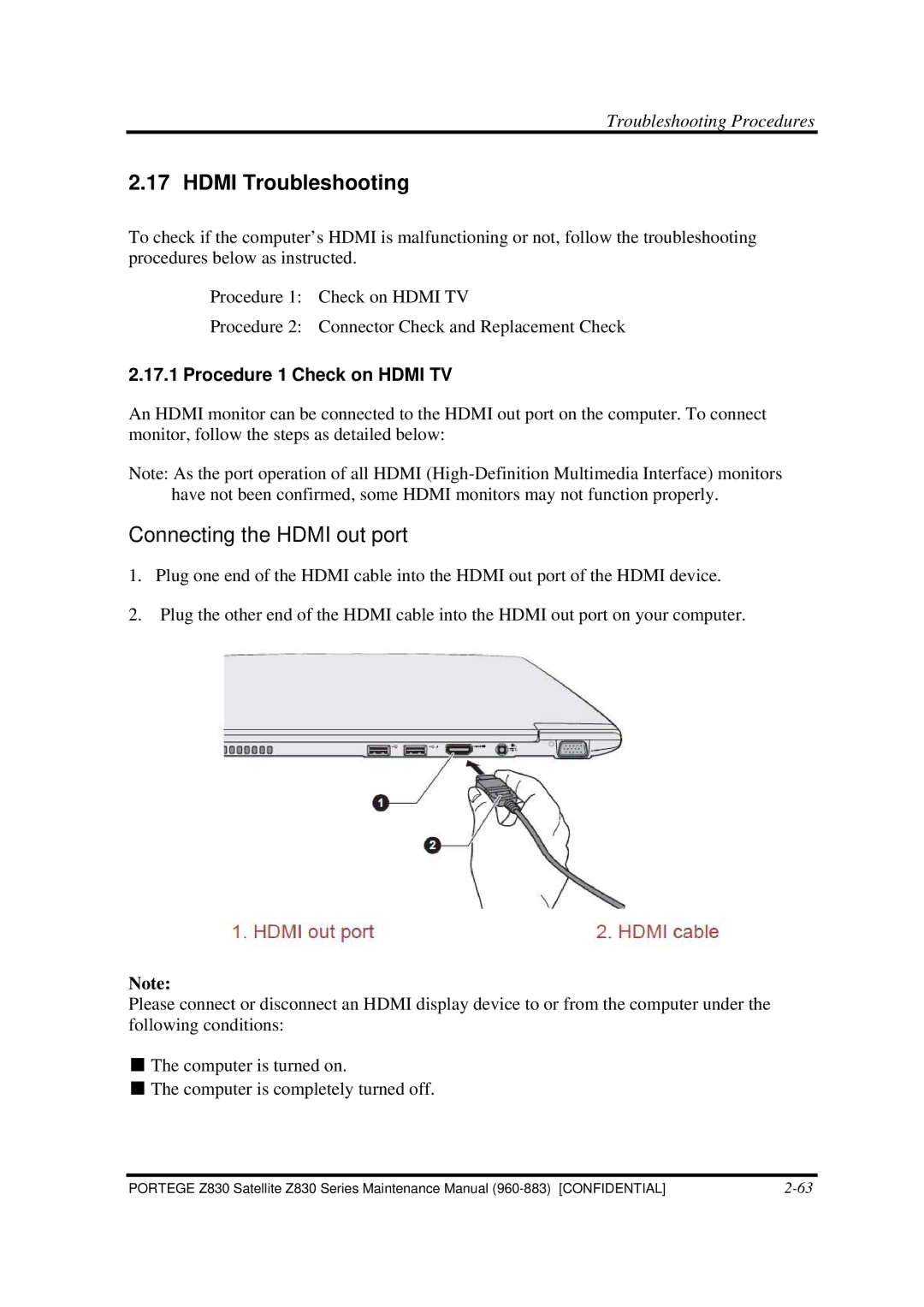 Toshiba Z830 manual Hdmi Troubleshooting, Procedure 1 Check on Hdmi TV 