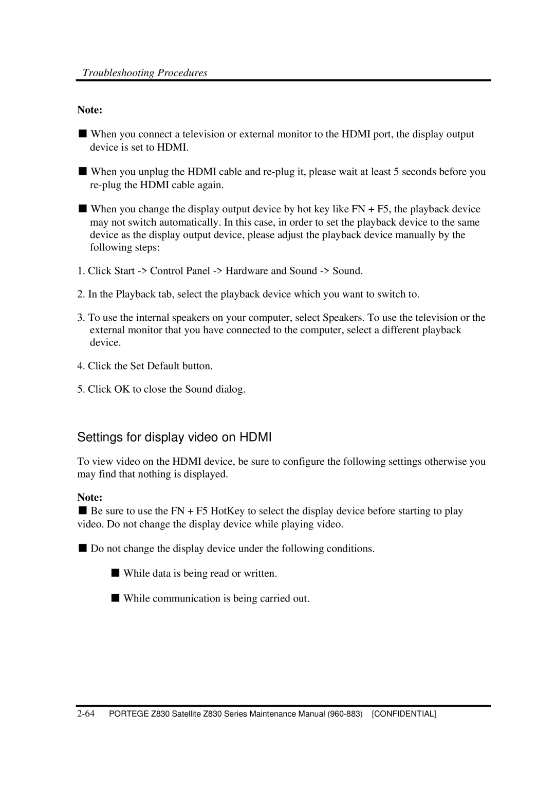 Toshiba Z830 manual Settings for display video on Hdmi 