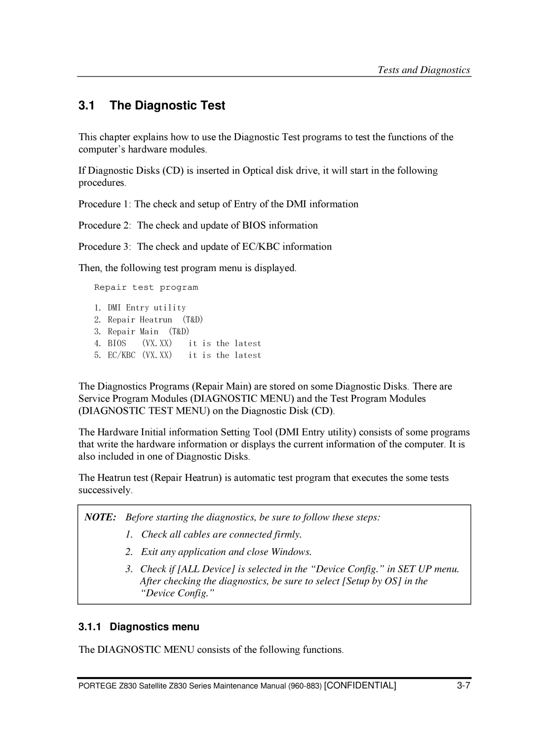 Toshiba Z830 manual Diagnostic Test, Diagnostics menu 