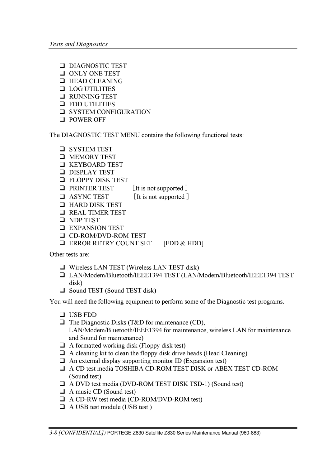 Toshiba Z830 manual Diagnostic Test Menu contains the following functional tests 