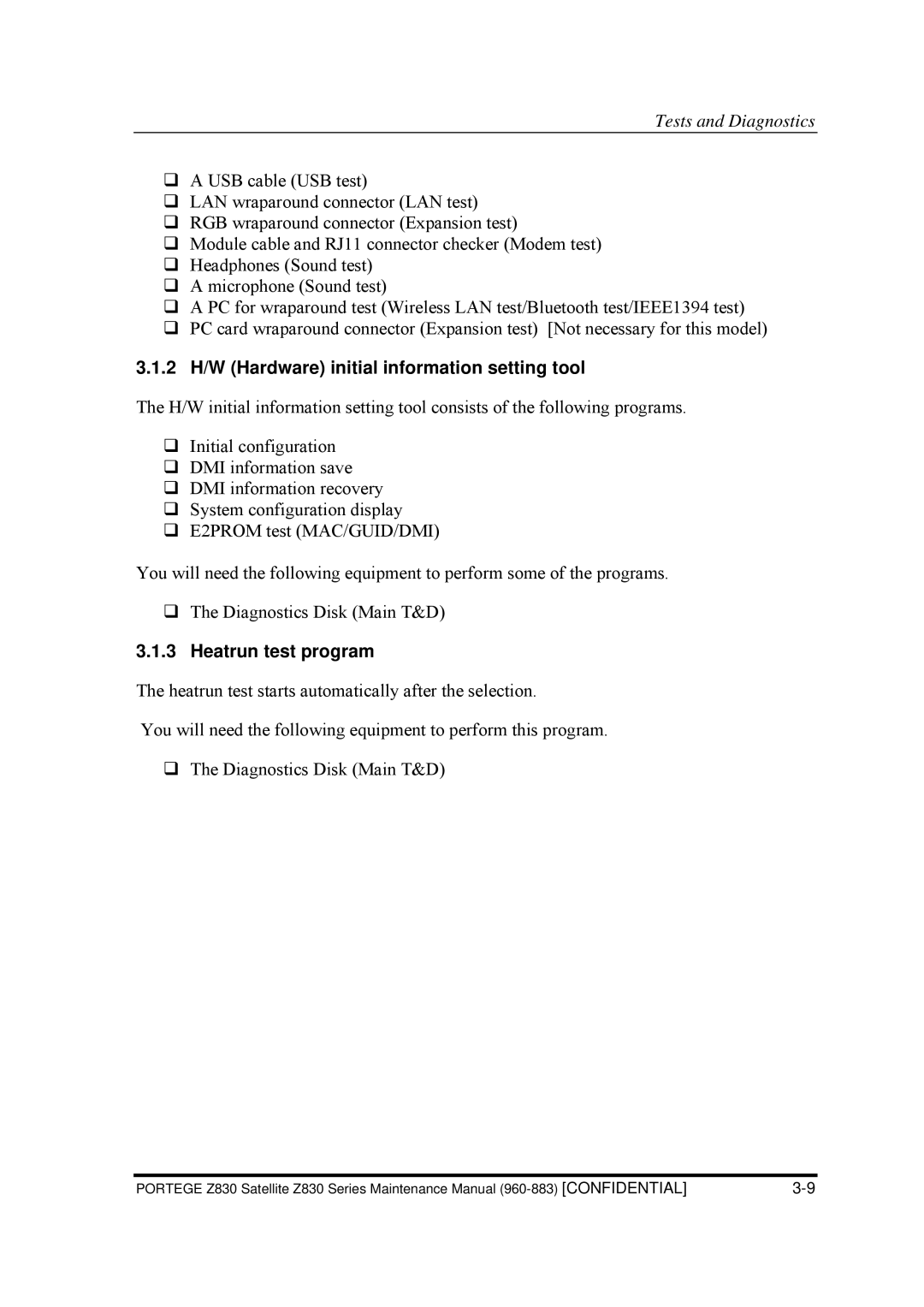 Toshiba Z830 manual 2 H/W Hardware initial information setting tool, Heatrun test program 