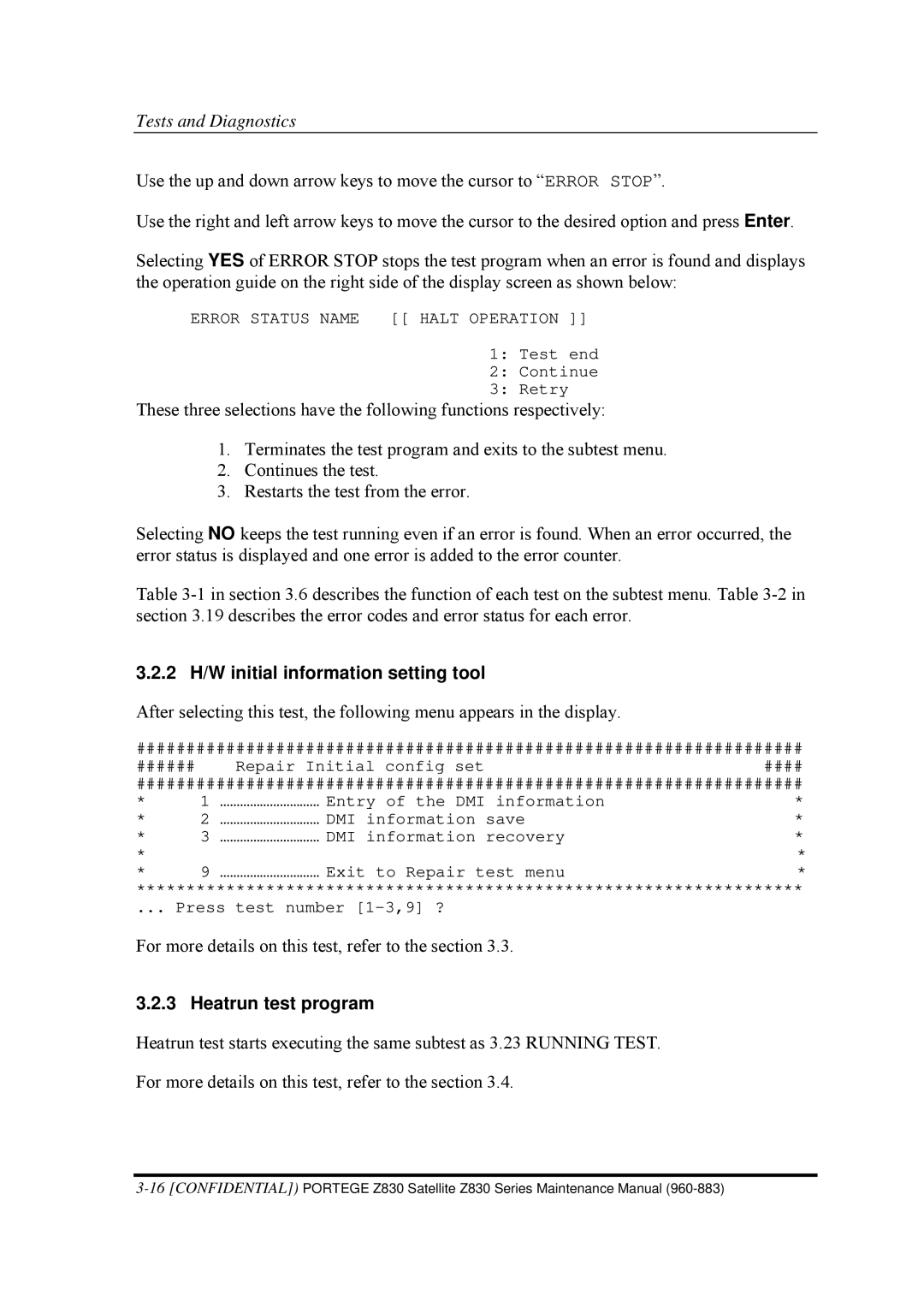 Toshiba Z830 manual 2 H/W initial information setting tool, Heatrun test program 