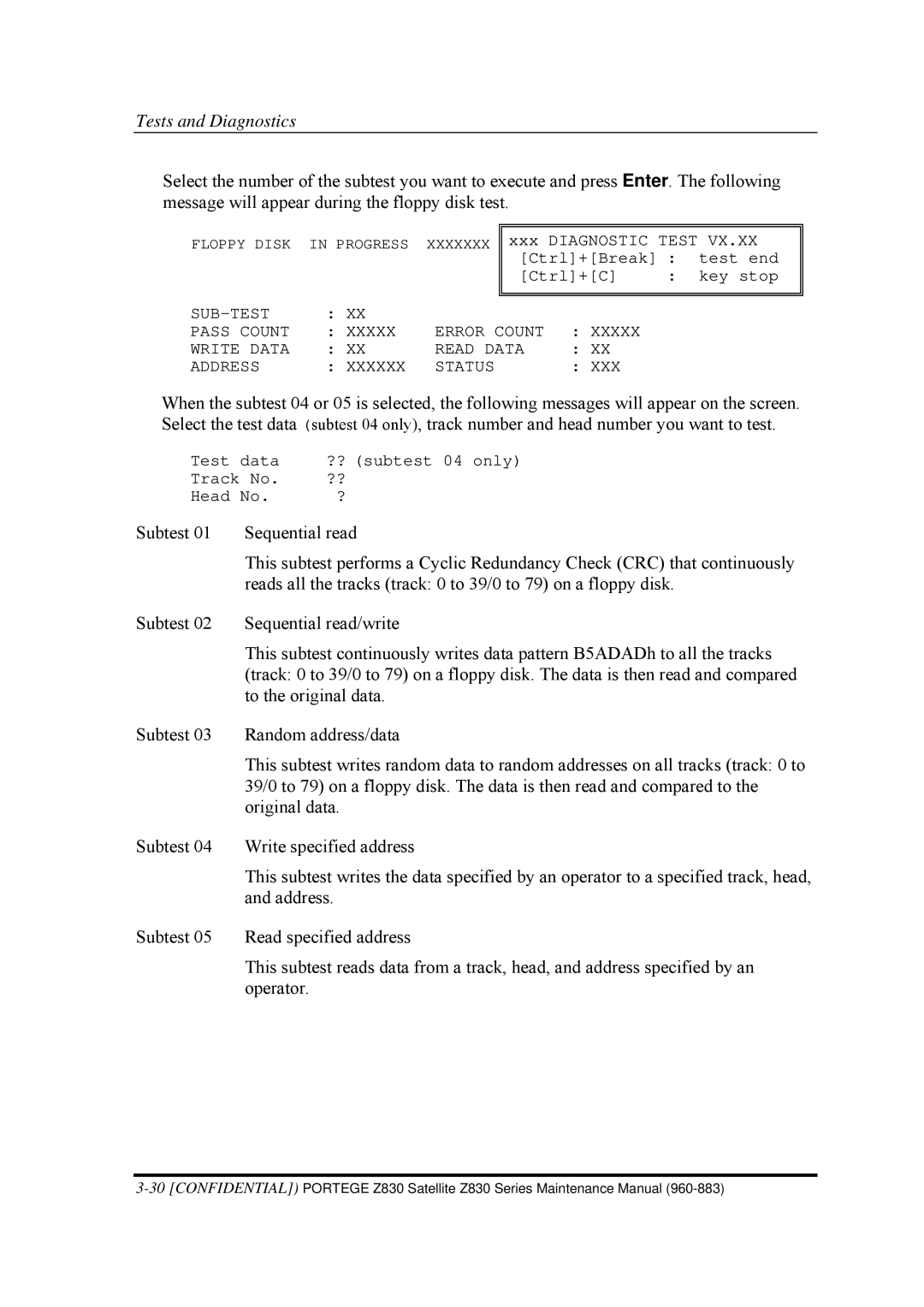 Toshiba Z830 manual Test data ?? subtest 04 only Track No Head No 