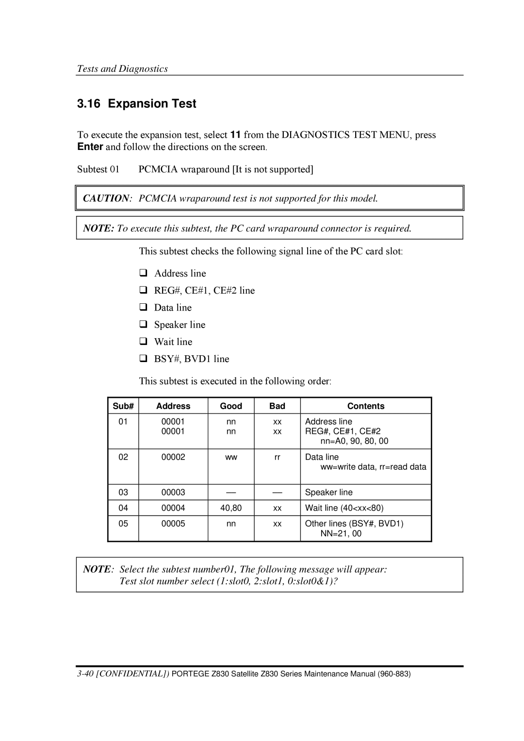 Toshiba Z830 manual Expansion Test, Sub# Address Good Bad Contents 