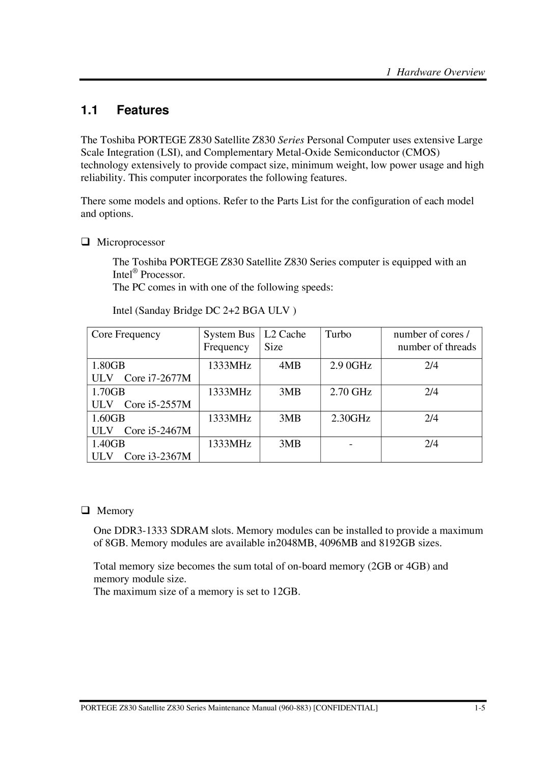 Toshiba Z830 manual Features, 4MB, Ulv, 3MB ULV 