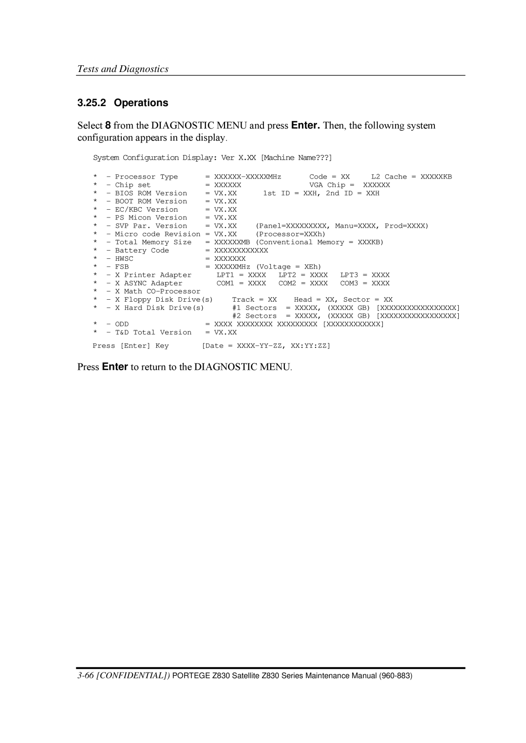 Toshiba Z830 manual Press Enter to return to the Diagnostic Menu 