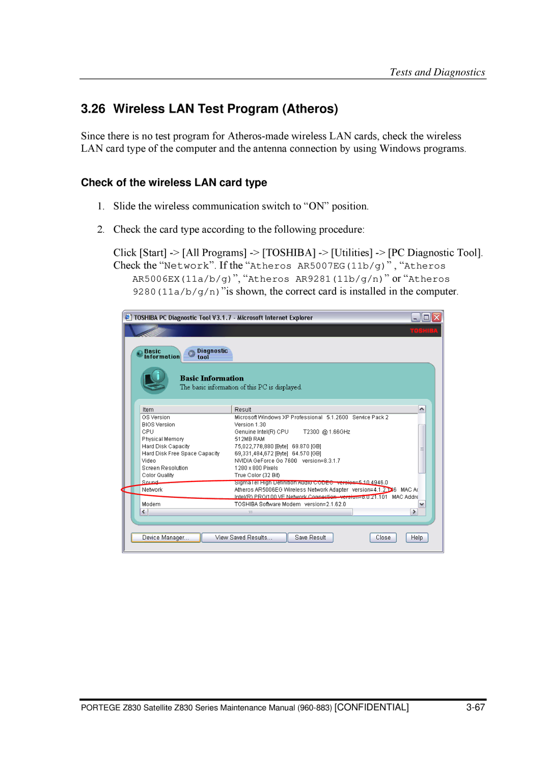 Toshiba Z830 manual Wireless LAN Test Program Atheros, Check of the wireless LAN card type 