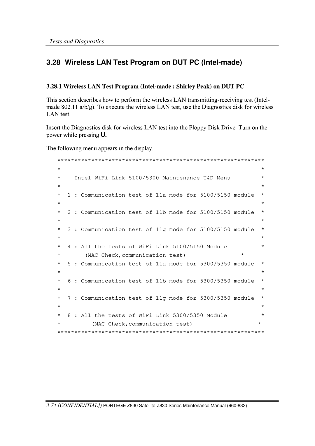 Toshiba Z830 Wireless LAN Test Program on DUT PC Intel-made, Wireless LAN Test Program Intel-made Shirley Peak on DUT PC 