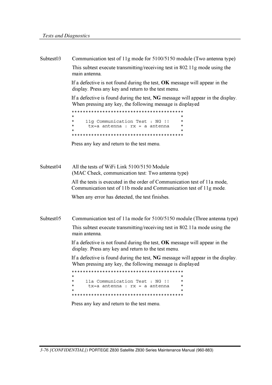 Toshiba Z830 manual 11g Communication Test NG Tx=a antenna rx = a antenna 