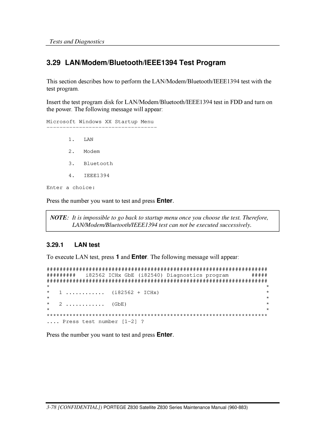 Toshiba Z830 manual 29 LAN/Modem/Bluetooth/IEEE1394 Test Program, LAN test 