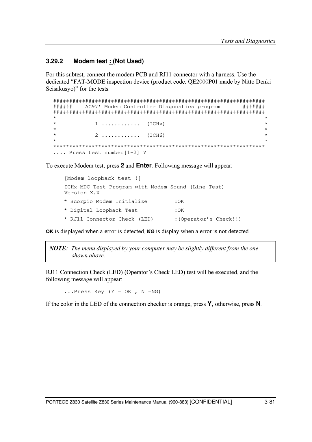 Toshiba Z830 manual Modem test Not Used 