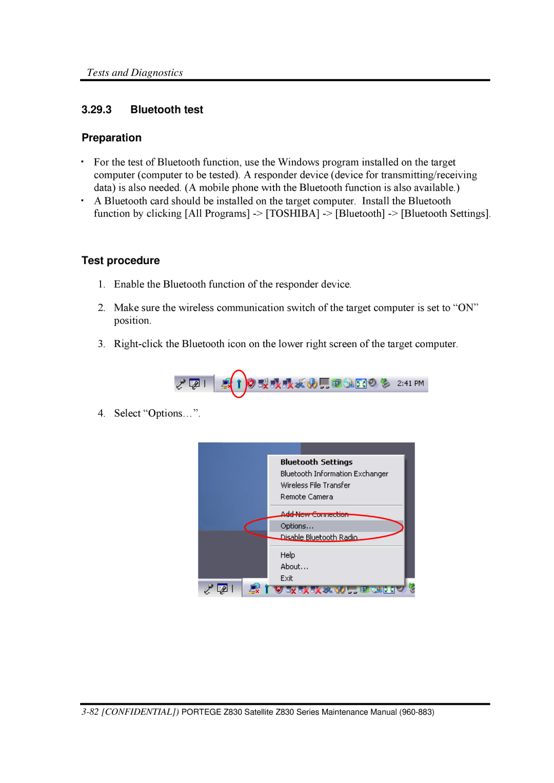 Toshiba Z830 manual Bluetooth test Preparation, Test procedure 