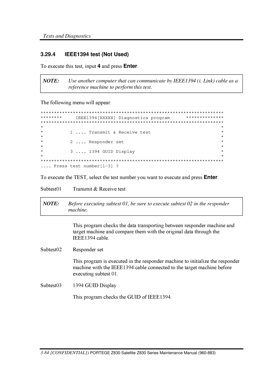 Toshiba Z830 manual IEEE1394 test Not Used, Machine 