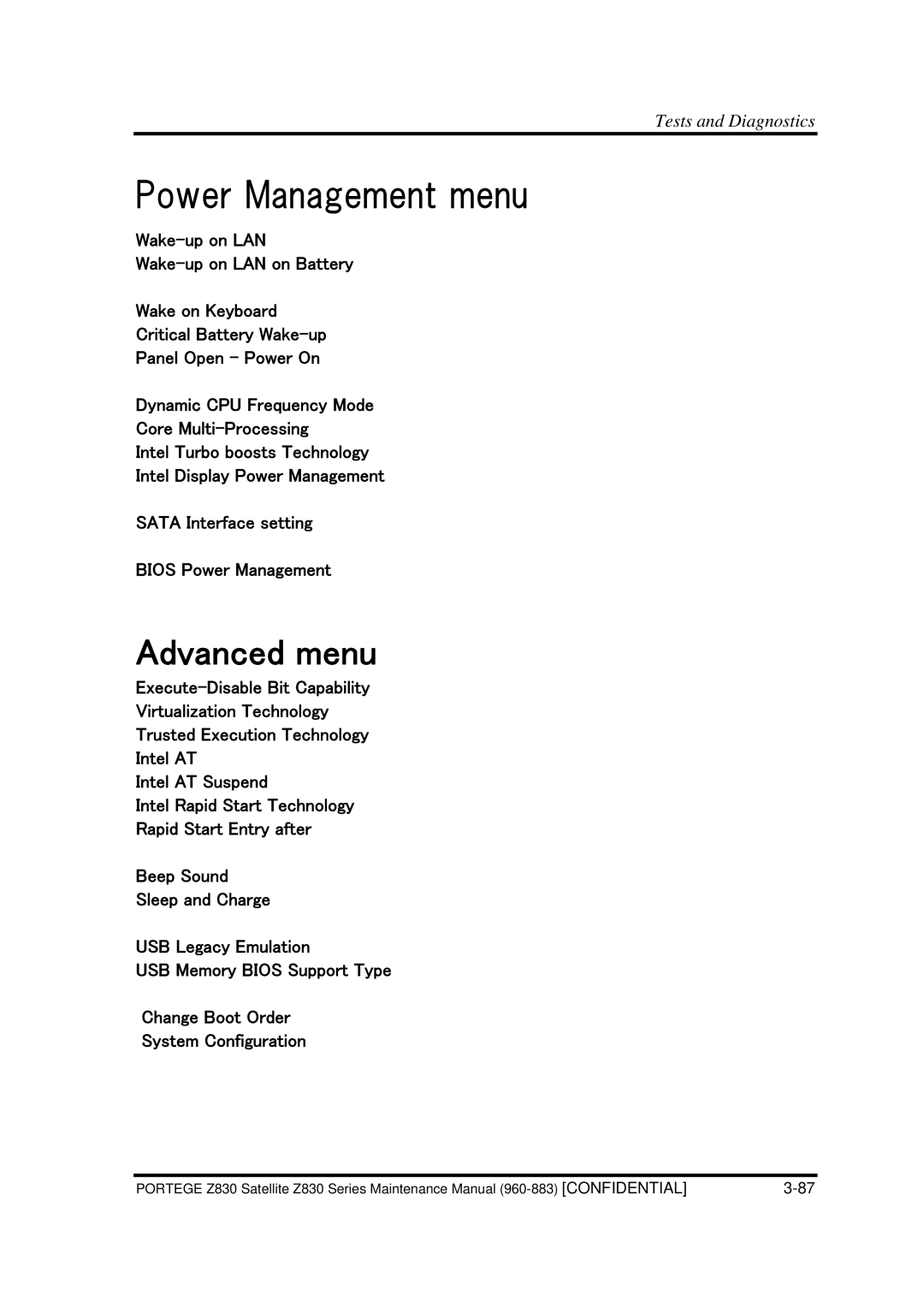 Toshiba Z830 manual Advanced menu 