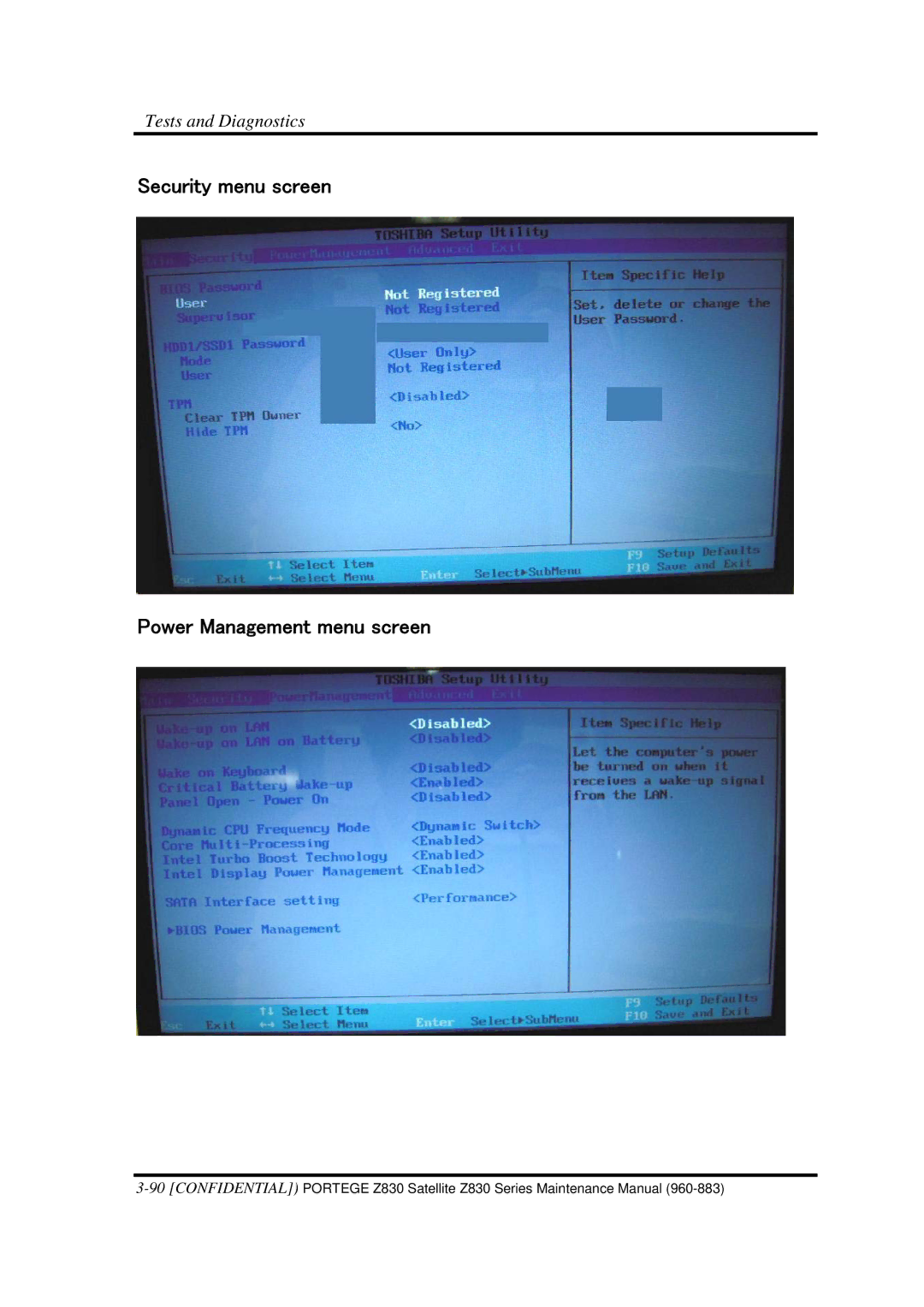 Toshiba Z830 manual Security menu screen Power Management menu screen 