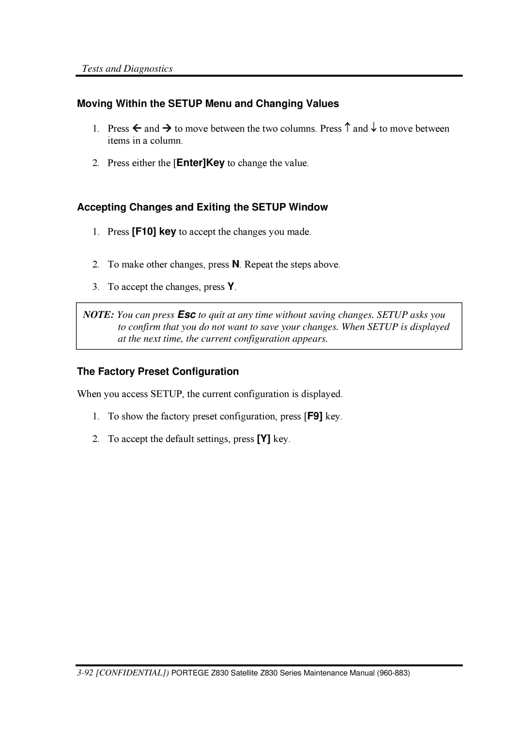 Toshiba Z830 manual Moving Within the Setup Menu and Changing Values, Accepting Changes and Exiting the Setup Window 