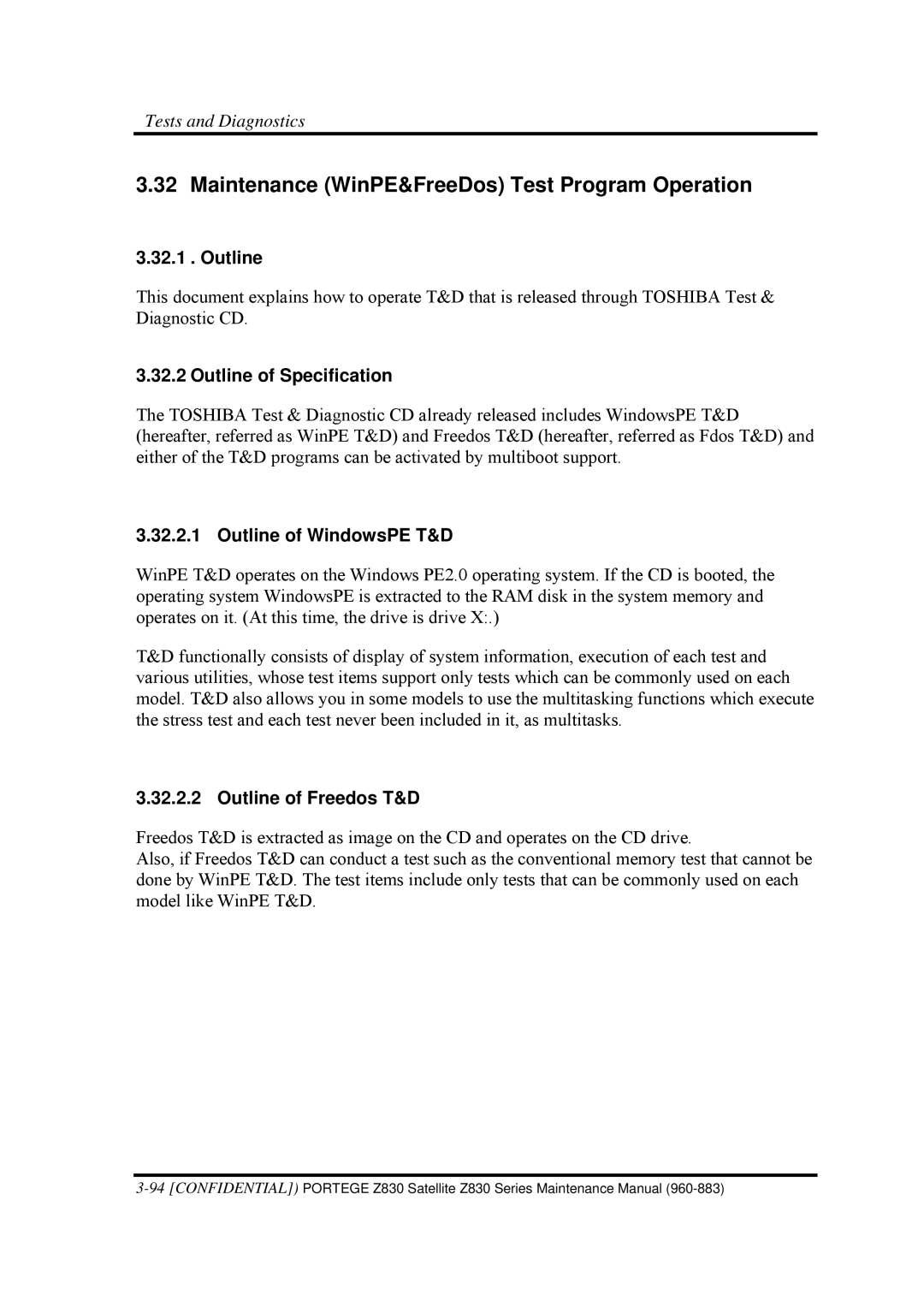 Toshiba Z830 Maintenance WinPE&FreeDos Test Program Operation, Outline of Specification, Outline of WindowsPE T&D 