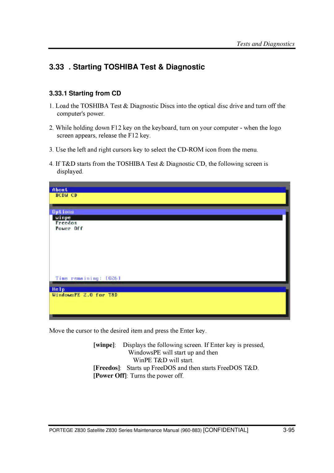 Toshiba Z830 manual Starting Toshiba Test & Diagnostic, Starting from CD 