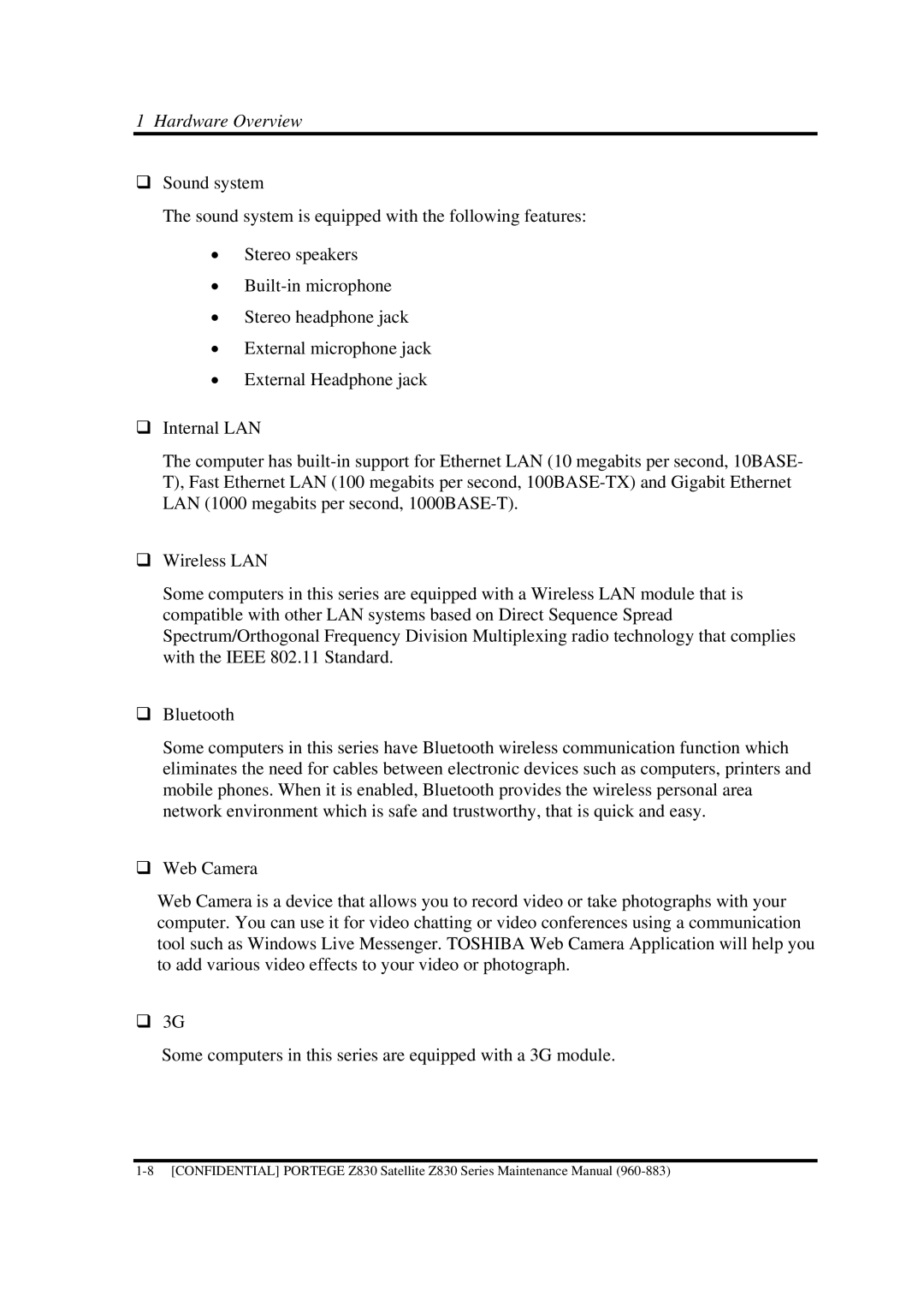 Toshiba Z830 manual Hardware Overview 