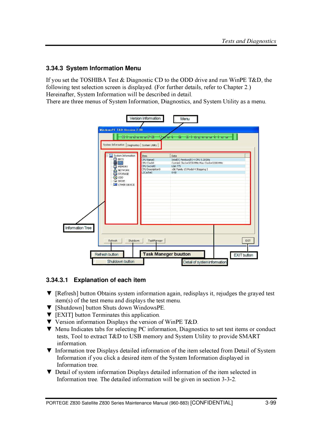 Toshiba Z830 manual System Information Menu, Explanation of each item 