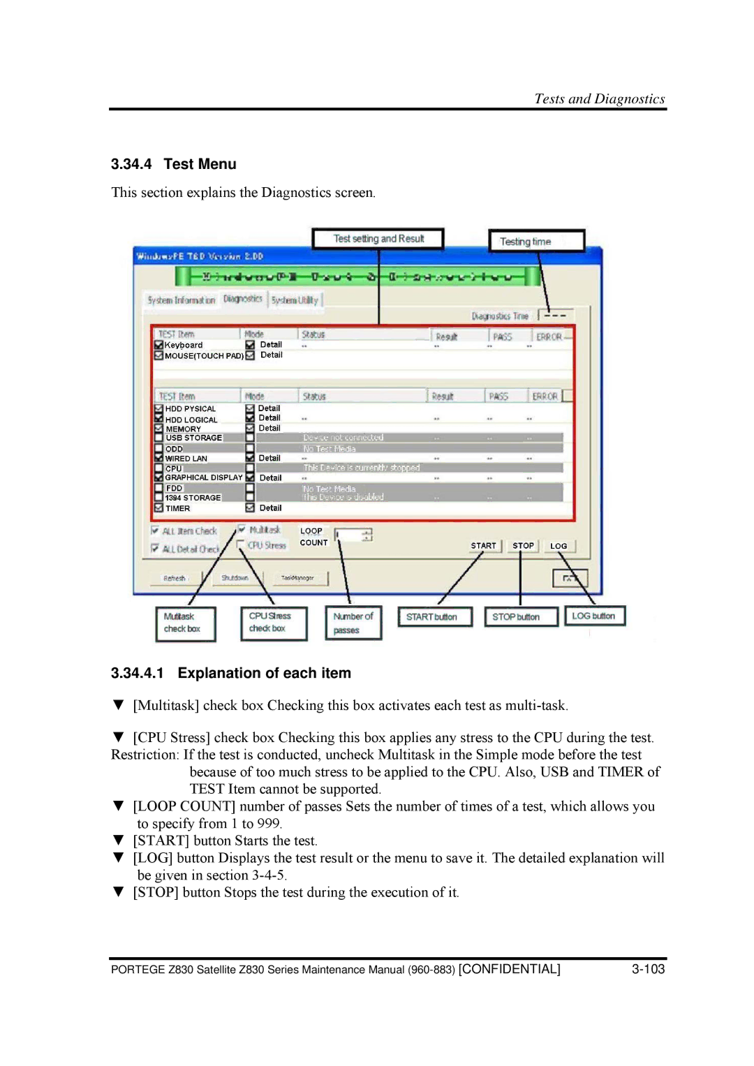 Toshiba Z830 manual Test Menu, Explanation of each item 