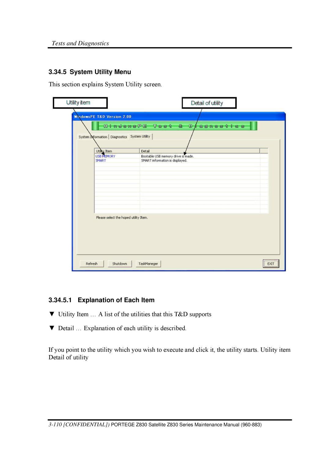 Toshiba Z830 manual System Utility Menu, Explanation of Each Item 