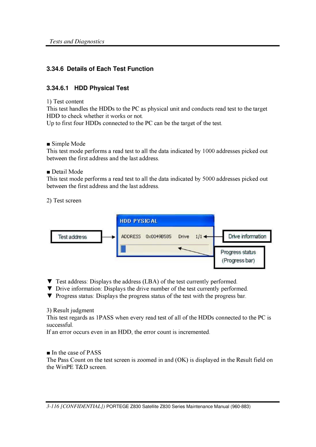 Toshiba Z830 manual Details of Each Test Function HDD Physical Test 