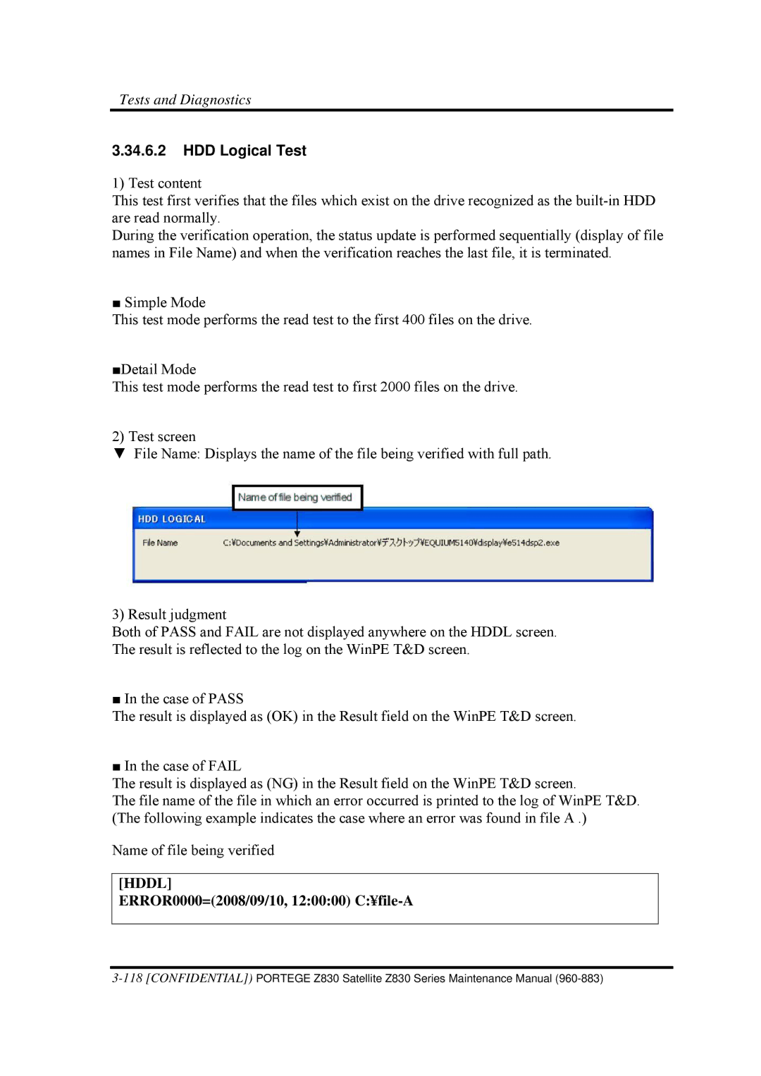 Toshiba Z830 manual HDD Logical Test, Hddl 