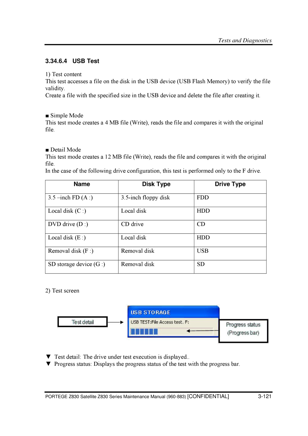 Toshiba Z830 manual USB Test, Name Disk Type 