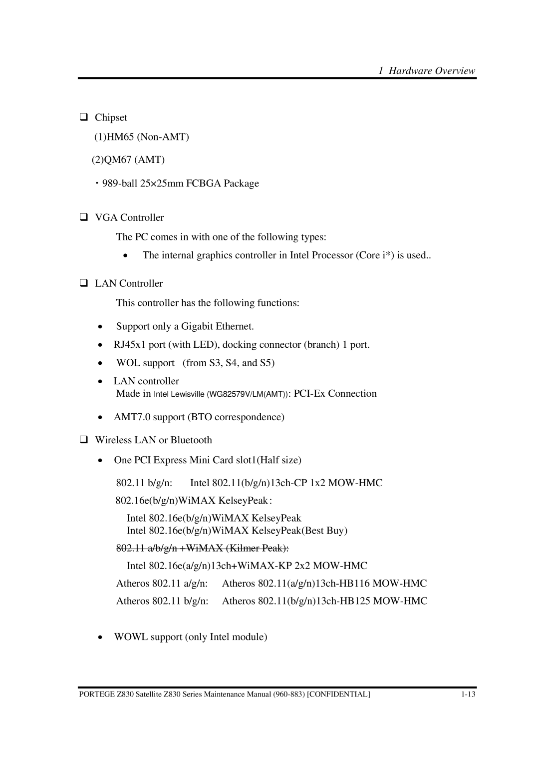 Toshiba Z830 manual Hardware Overview 