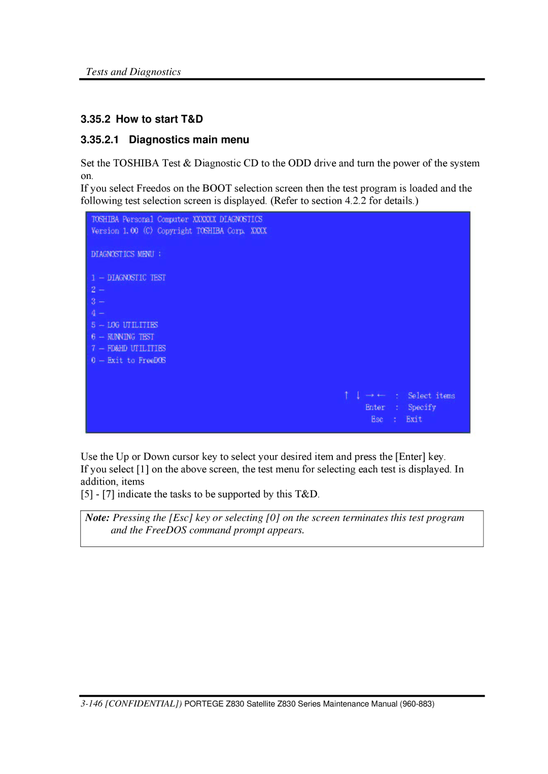 Toshiba Z830 manual How to start T&D Diagnostics main menu 