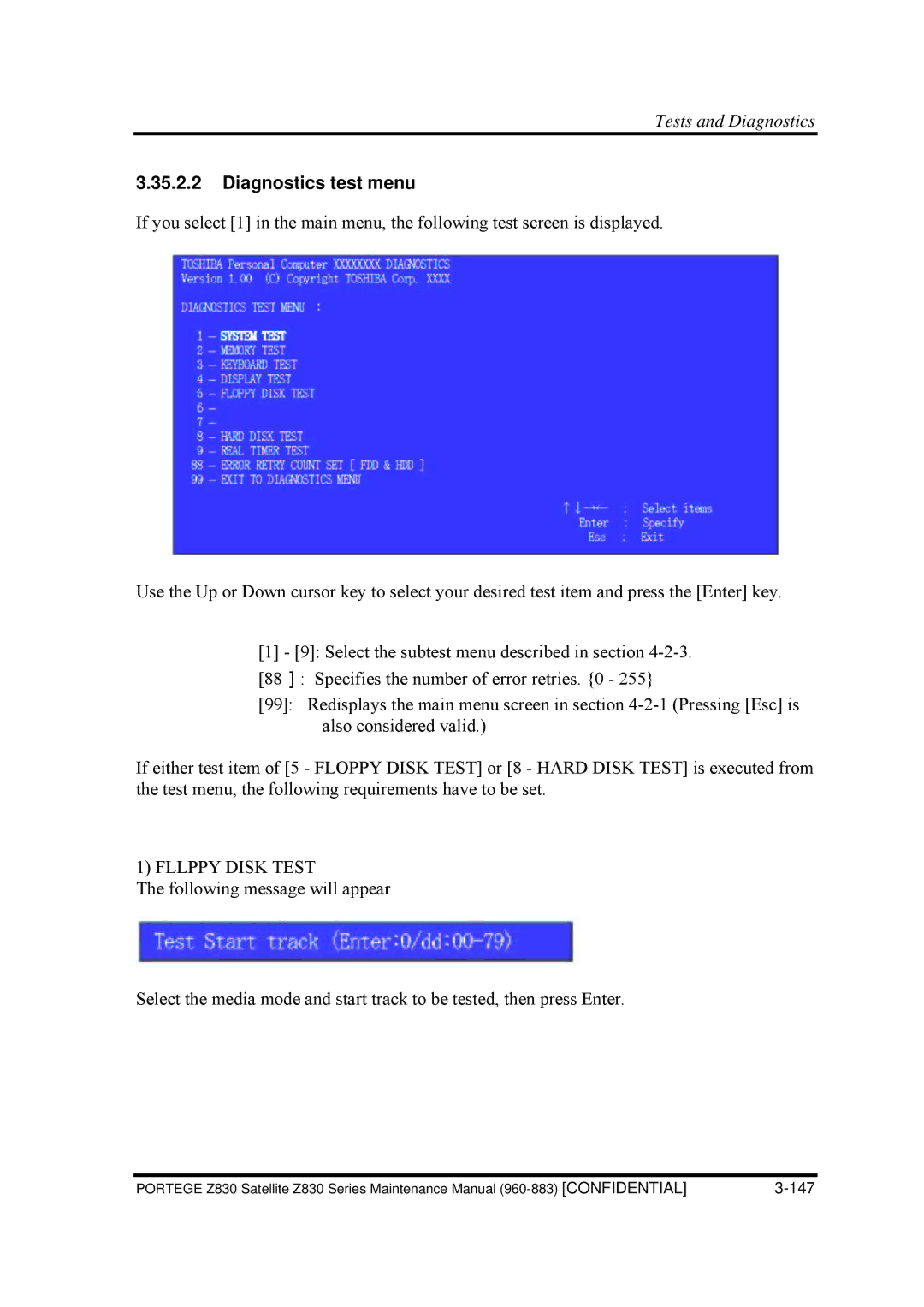 Toshiba Z830 manual Diagnostics test menu, Fllppy Disk Test 