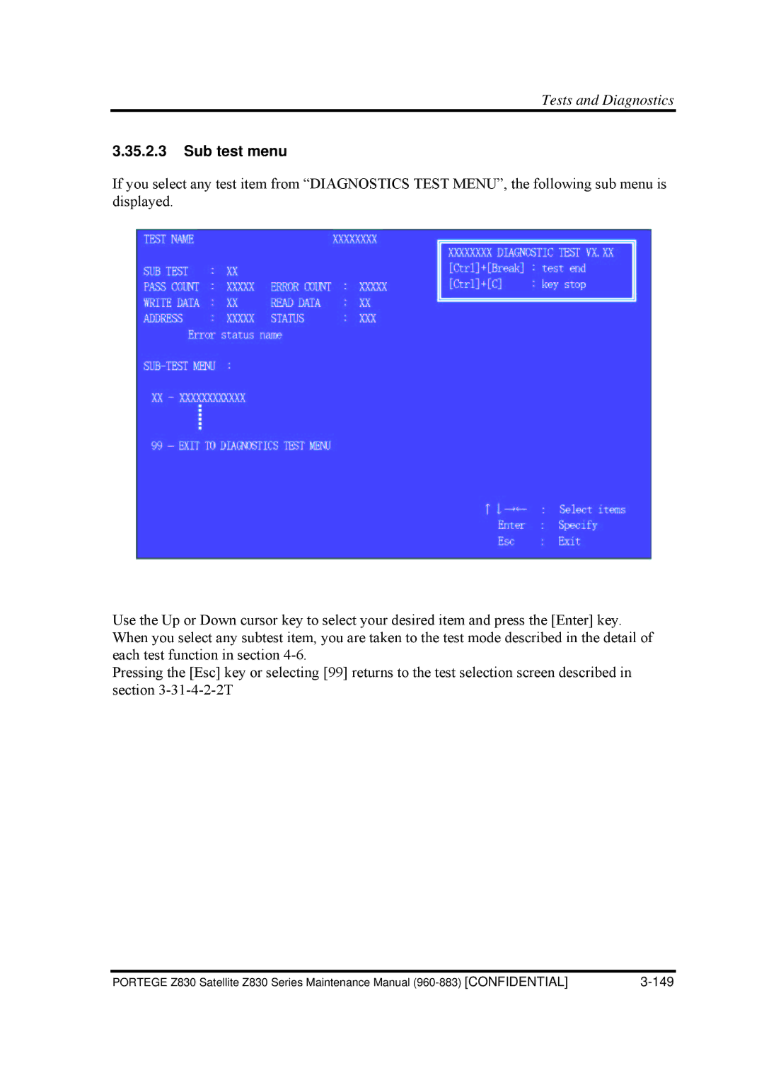 Toshiba Z830 manual Sub test menu 