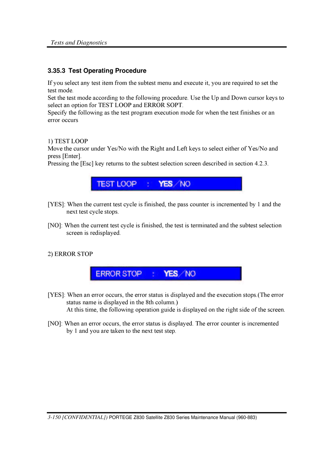 Toshiba Z830 manual Test Operating Procedure, Test Loop, Error Stop 