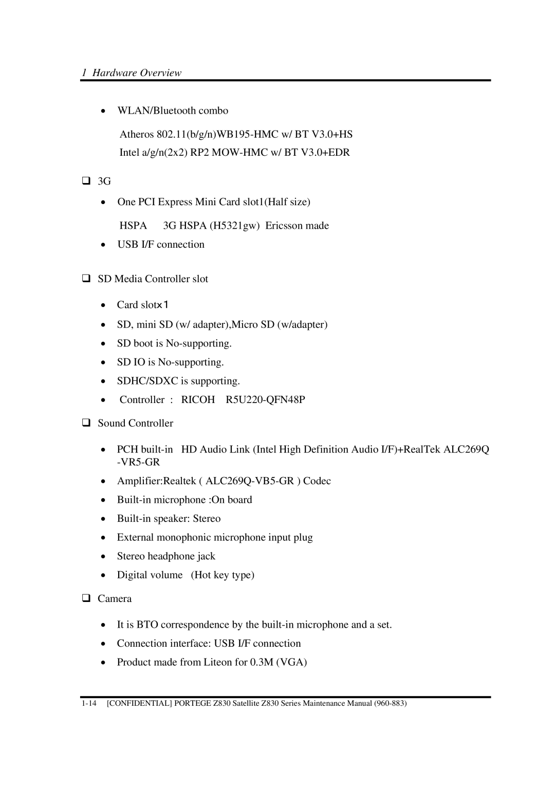 Toshiba Z830 manual Hardware Overview 