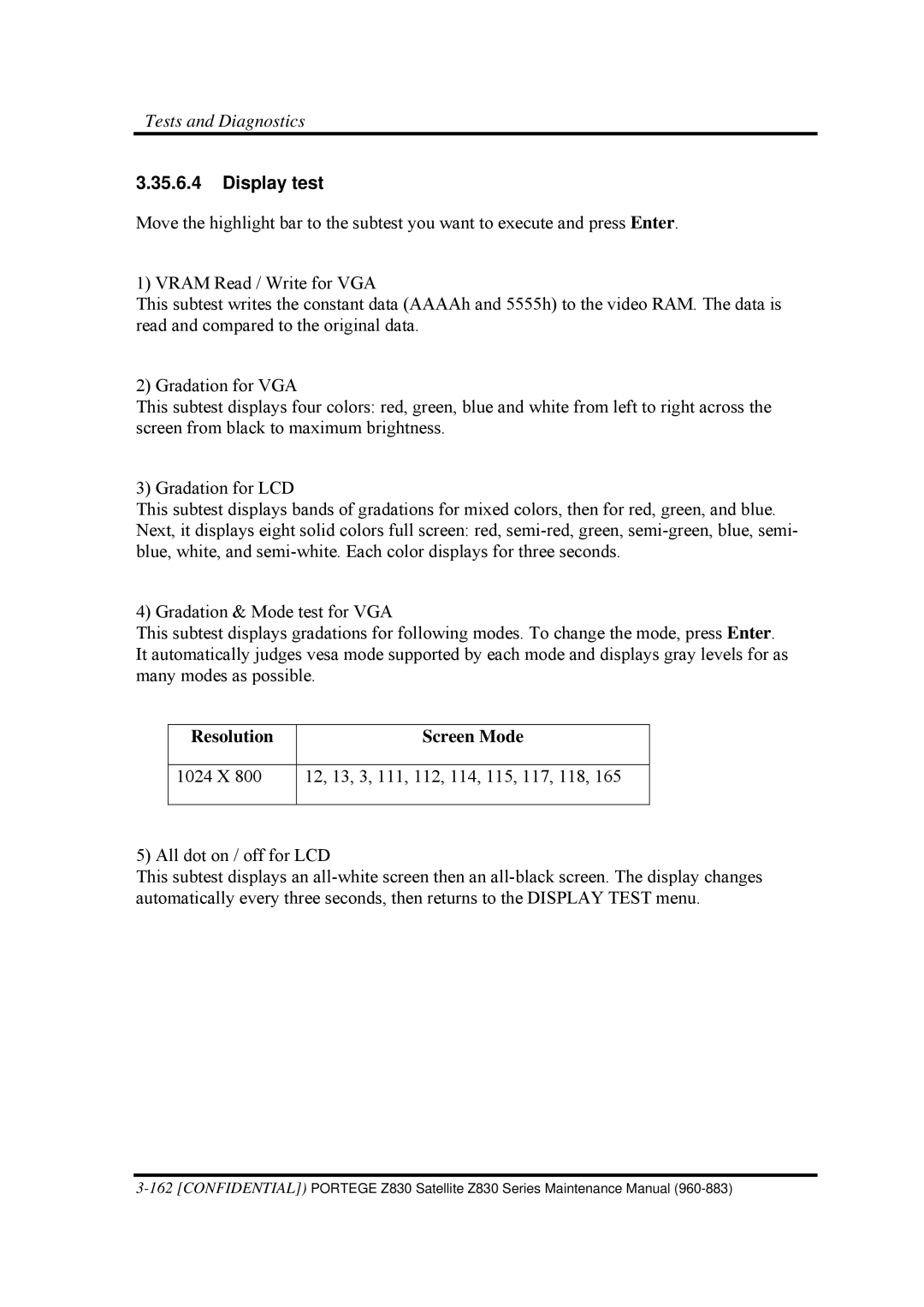 Toshiba Z830 manual Display test, Screen Mode 