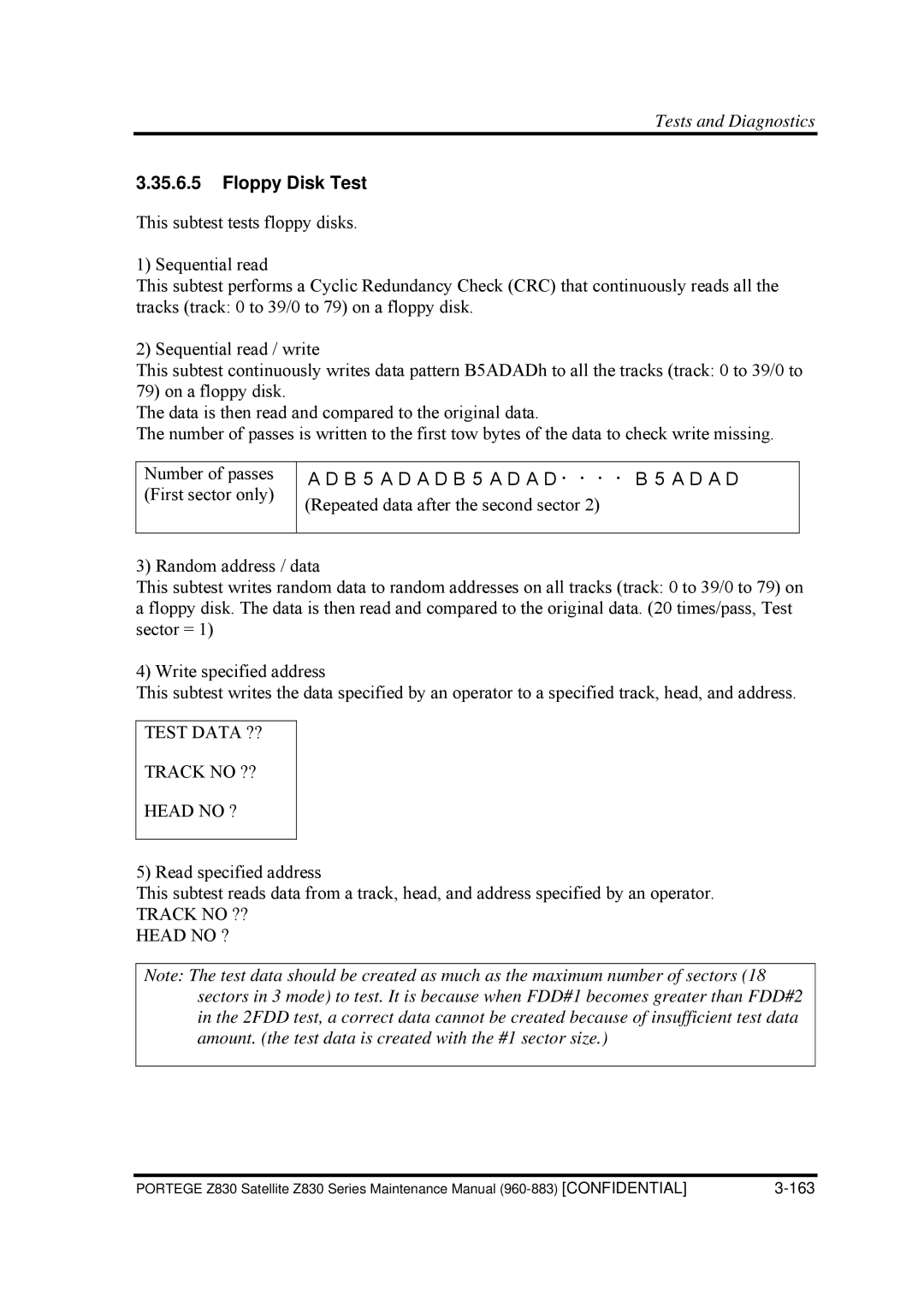 Toshiba Z830 manual Floppy Disk Test, Test Data ?? Track no ?? Head no ? 