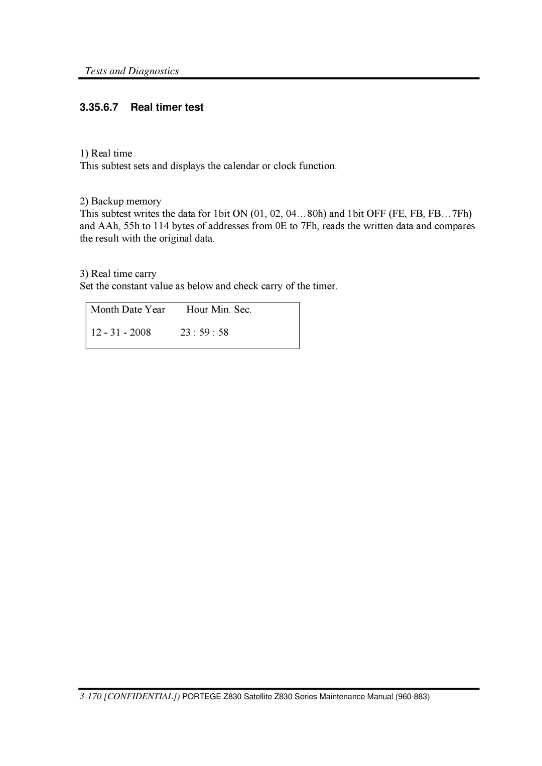 Toshiba Z830 manual Real timer test 