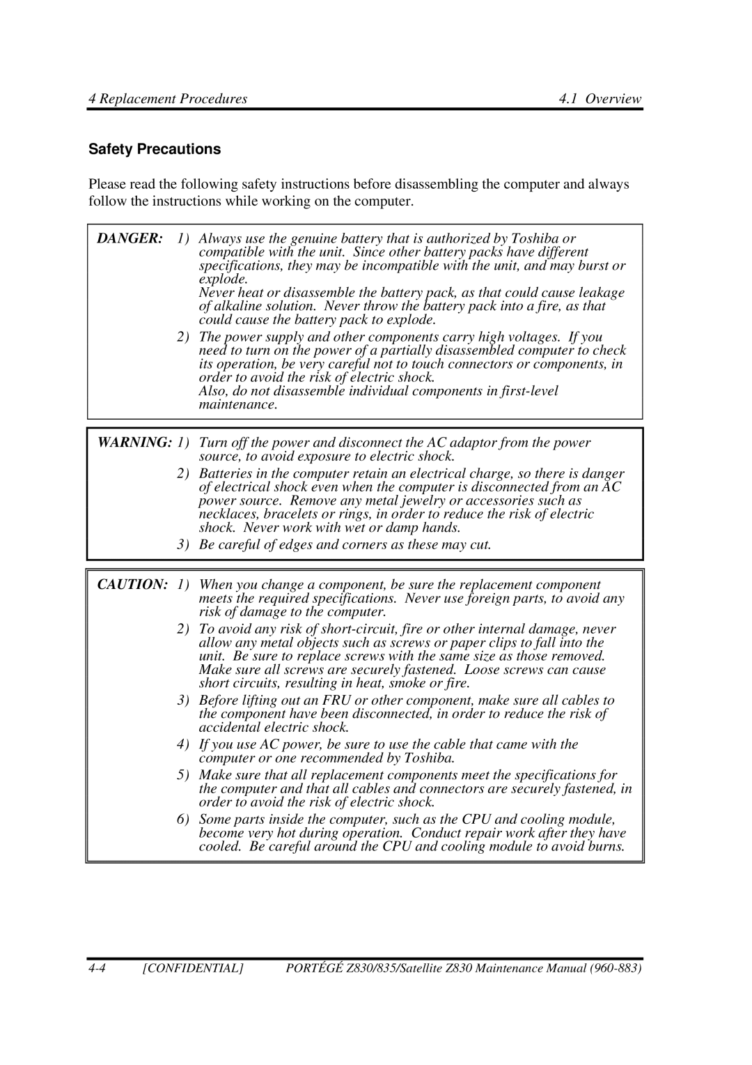 Toshiba Z830 manual Safety Precautions 