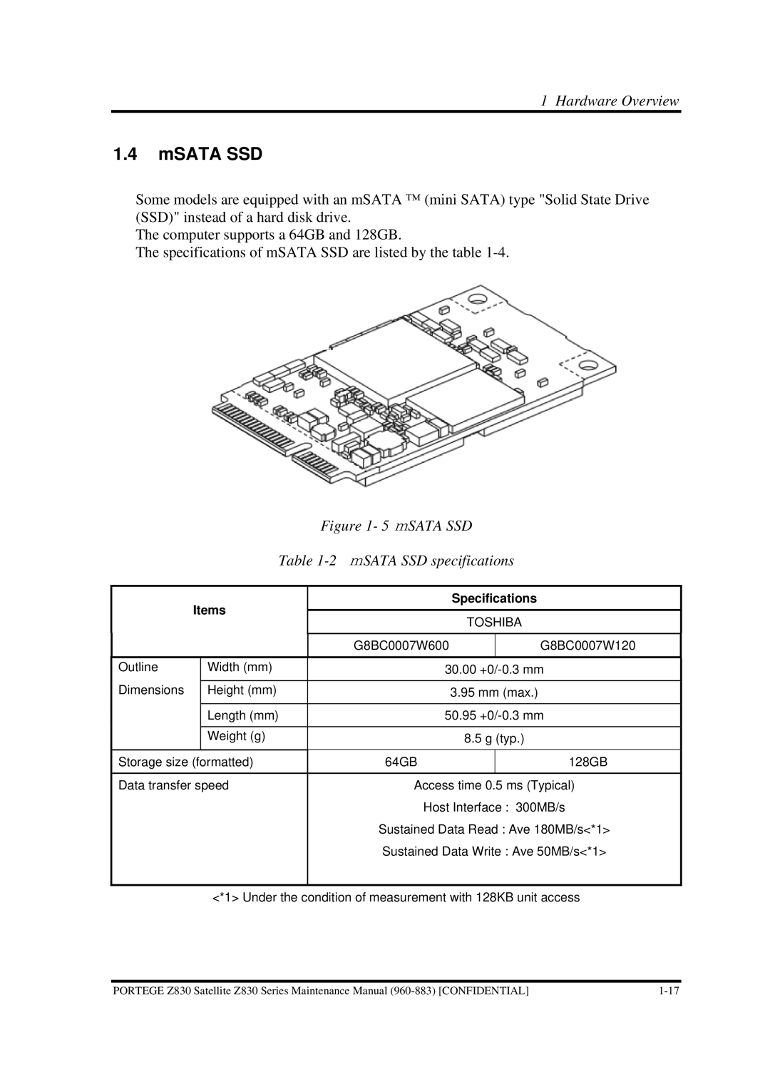 Toshiba Z830 manual Msata Ssd, ＭSATA SSD ＭSATA SSD specifications 