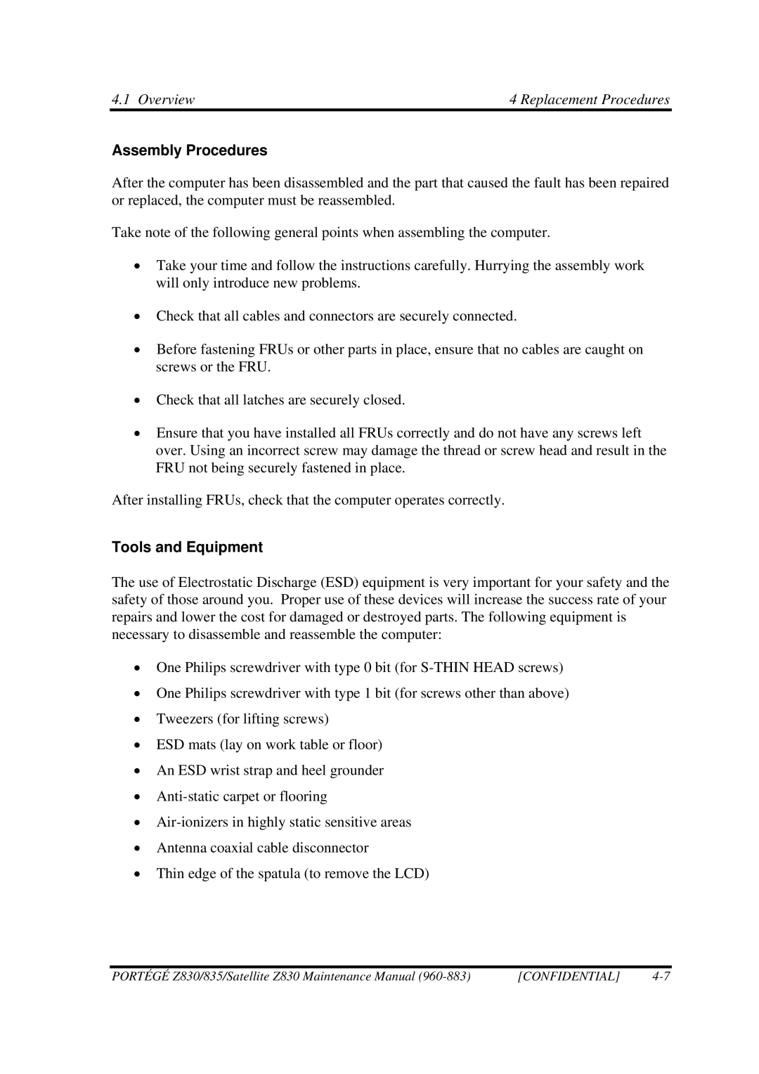 Toshiba Z830 manual Assembly Procedures, Tools and Equipment 