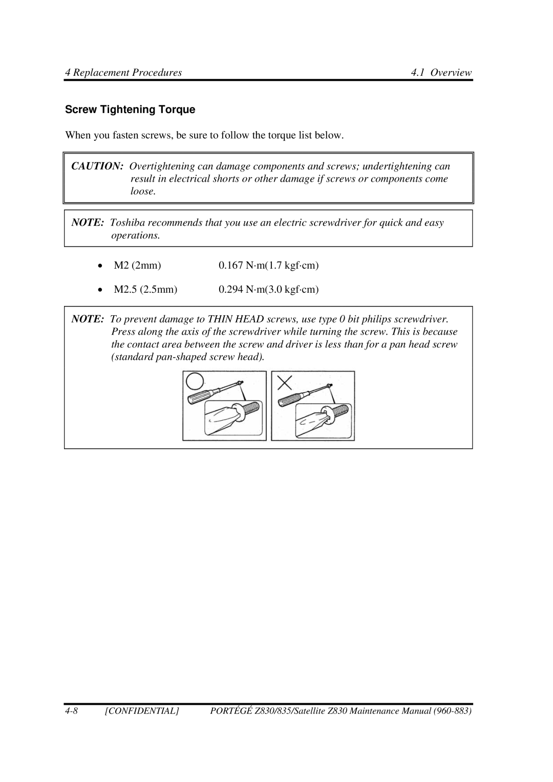 Toshiba Z830 manual Screw Tightening Torque 