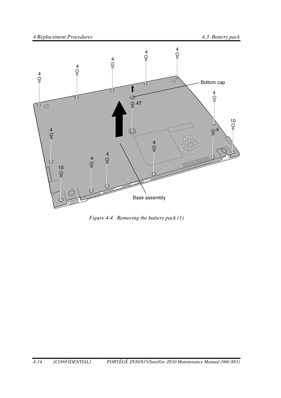 Toshiba Z830 manual Replacement Procedures Battery pack, Removing the battery pack 