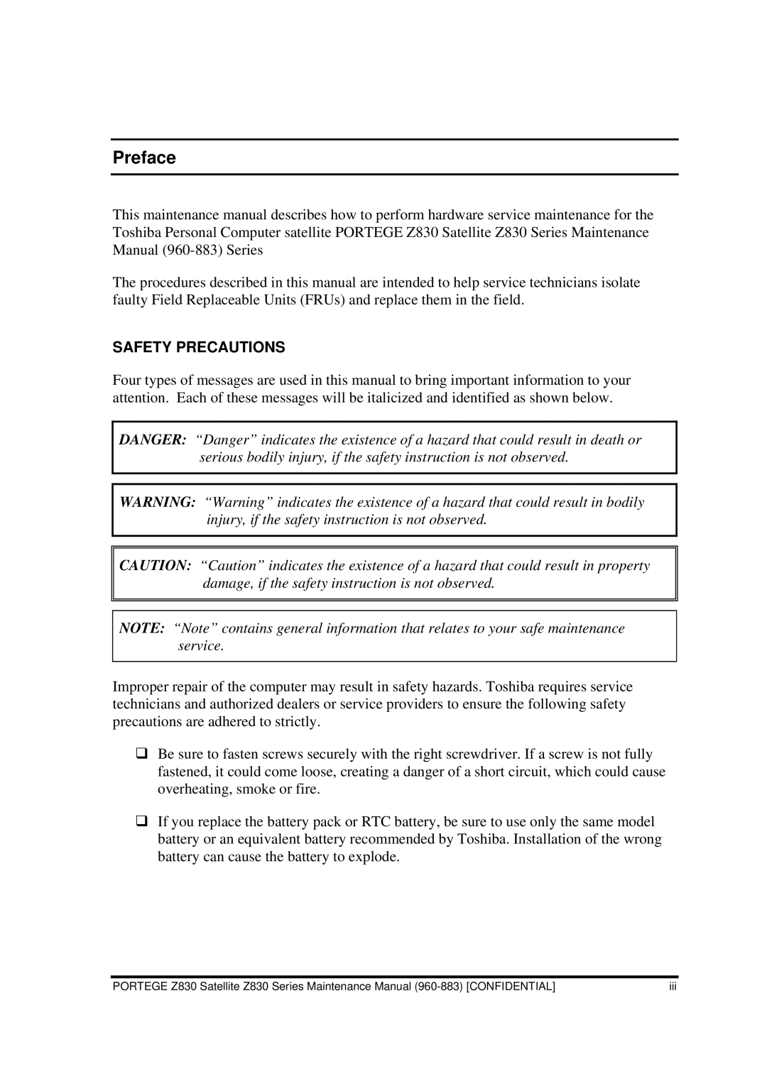 Toshiba Z830 manual Preface, Safety Precautions 