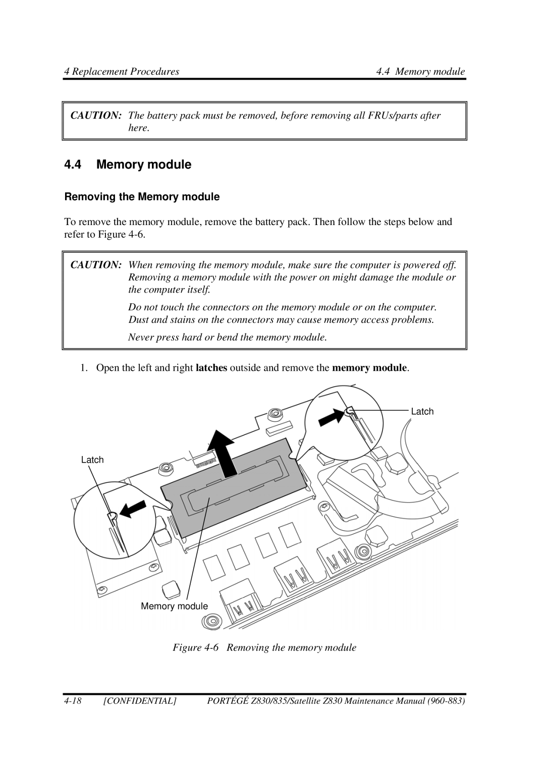 Toshiba Z830 manual Replacement Procedures Memory module, Removing the Memory module 