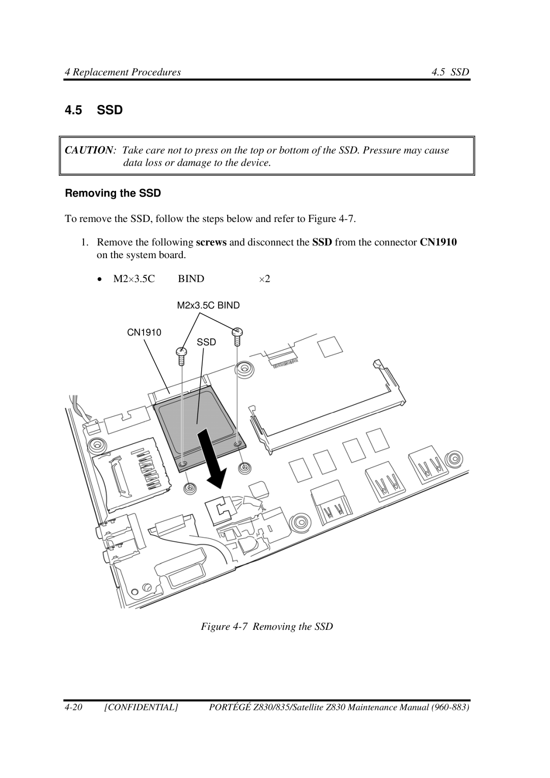 Toshiba Z830 manual Ssd, Replacement Procedures SSD, Removing the SSD, Bind 