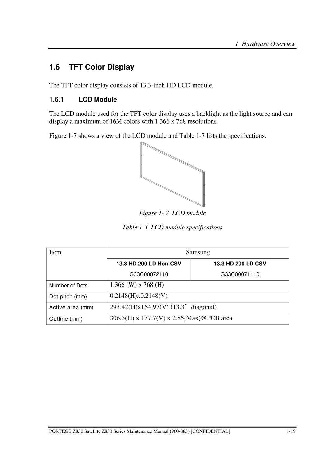 Toshiba Z830 manual TFT Color Display, LCD Module 